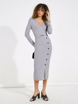 Styli - Grey Button Detail Front Slit Bodycon Midi Dress