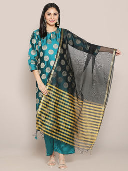 Dupatta Bazaar - Womens Black & Mustard Striped Blended Silk Dupatta