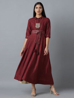 W - Maroon Dress In Polka Print