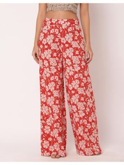 Moomaya - Women Red Floral Print High Waist Wide Leg Palazzo
