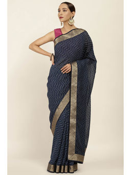 Soch - Navy Blue Georgette Striped Saree with Unstitched