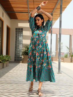 Libas - Women Blue Cotton Floral Dress