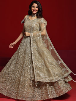 Libas Art - Women Beige Nylon Embellished Gown with Dupatta