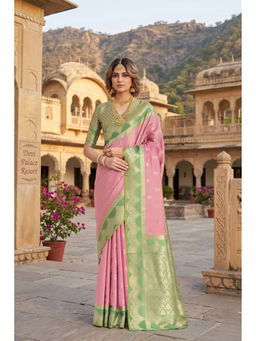 Monjolika Fashion - Women Pink Tissue Woven Saree with Blouse