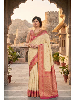 Monjolika Fashion - Women Off White Tissue Woven Saree with Blouse