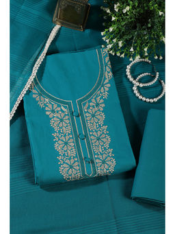 MEENA BAZAAR Since 1970 - Women Teal Cotton Embroidered Dress Material with Dupatta