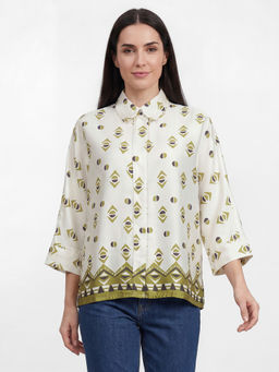 R&B - Womens Blue Printed Shirt Collar Three-Quarter Sleeves Shirt