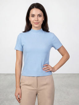 R&B - Blue Women Textured Short Sleeves Top