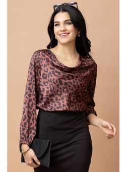 PURYS - Animal Printed Cowl Neck Satin Top