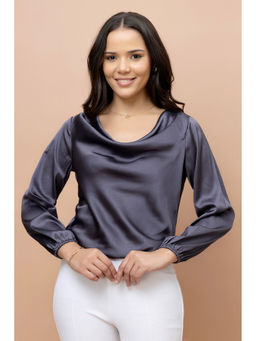 PURYS - Cowl Neck Satin Charcoal Top