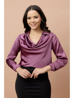 PURYS - Cowl Neck Satin Wine Top with Collar