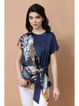 PURYS - Half and Half Side Tie-Up Satin Navy Blue Top