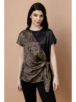 PURYS - Half and Half Side Tie-Up Satin Olive Top