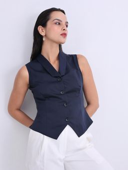 Jaey - Women Navy Blue Satin Collar Waistcoat Top