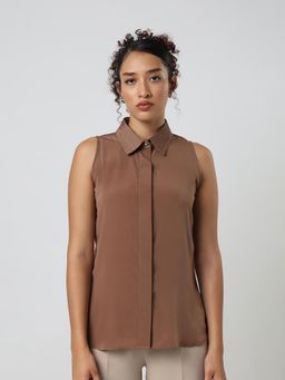 Jaey - Women Brown Pleat And Ease Classic Shirt Top