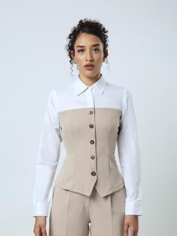 Jaey - Women Beige Dualmode Collared Waistcoat Shirt