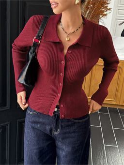 Outzidr - Maroon Full Sleeve Collared Neck Front Buttoned Sweater