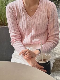 Outzidr - Pink Soft Ribbed V-Neck With Long Sleeves Sweater