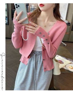 Outzidr - Pink Full Sleeve V Neck Buttoned Cardigan