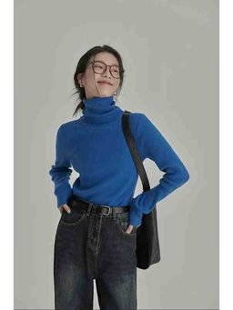 Outzidr - Blue Full Sleeve High Neck Sweater