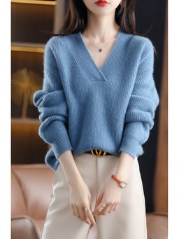 Outzidr - Blue Full Sleeve V Neck Sweater