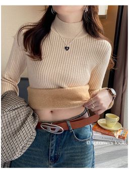 Outzidr - Beige Full Sleeve High Neck Fitted Sweater