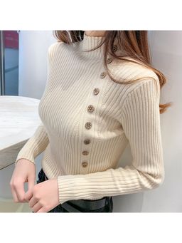 Outzidr - Cream Full Sleeve Button Trim Fitted Sweaters