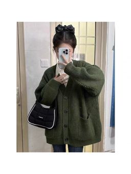 Outzidr - Olive Full Sleeve Double Pockets Slouchy Cardigans