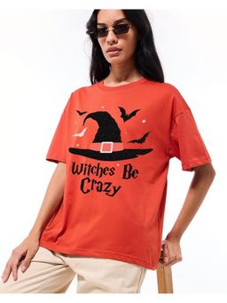 Bewakoof - Women'S Orange Witches Be Crazy Graphic Printed Oversized T-Shirt