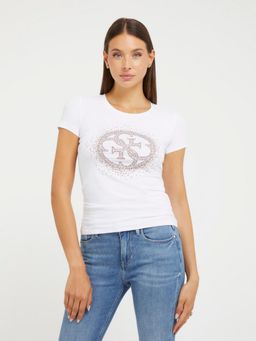 Guess - Women White Embellished Round Neck Short Sleeves T-Shirt