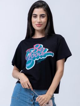 Guess - Women Black Embellished Round Neck Short Sleeves T-Shirt