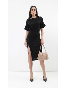 Virgio - Black Side Slit Sheath Midi Dress