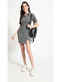 Virgio - Checkered Black Side Slit Sheath Mini Dress