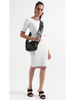 Virgio - White Contrast Band Bodycon Knee Length Dress