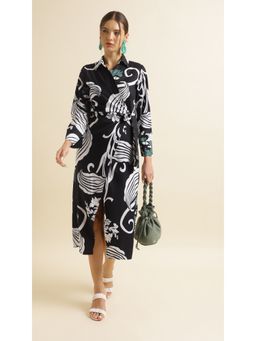 Virgio - Front Slit Black A Line Midi Dress