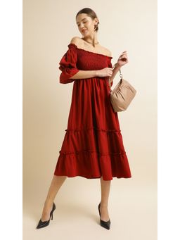 Virgio - Wine Off Shoulder Fit and Flare Midi Dress