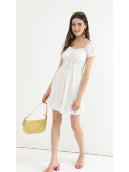 Virgio - White Ruffled Bustier Mini Dress with Front Tie Up