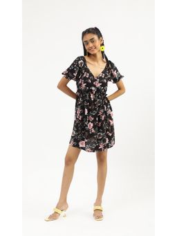 Virgio - Black Puff Sleeve Floral Empire Mini Dress