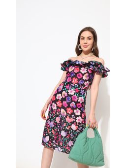 Virgio - Black Ruffled Off Shoulder Sheath Knee Length Dress