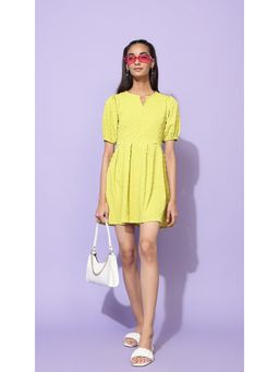 Virgio - Green Puff Sleeve Mini Dress with Self Design