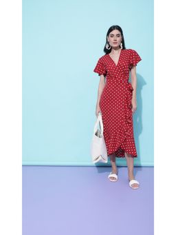 Virgio - Maroon Flutter Sleeve Polka Dot Wrap Midi Dress (M)