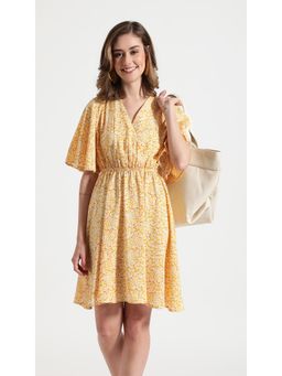 Virgio - Yellow Fit and Flare Mini Dress with Surplice Neck (M)