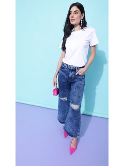 Virgio - Bleached Navy Blue High Rise Wide Leg Stretchable Jeans