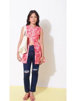 Virgio - Navy Blue High Rise Knee Ripped Stretchable Jeans