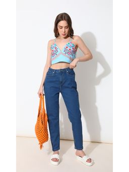 Virgio - Navy Blue High Rise Straight Stretchable Jeans