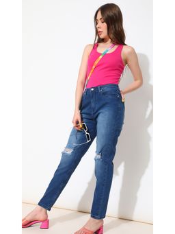 Virgio - Navy Blue Straight Fit Knee Ripped Stretchable Jeans