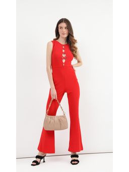 Virgio - Red Cut Out Wide Leg Jumpsuit with Front Detail