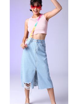 Virgio - Blue Front Slit Distressed Midi Denim Skirt