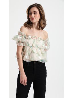 Virgio - Green Floral Sheer Crop Top with Ruffles (M)