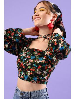 Virgio - Black Puff Sleeve Floral Crop Top